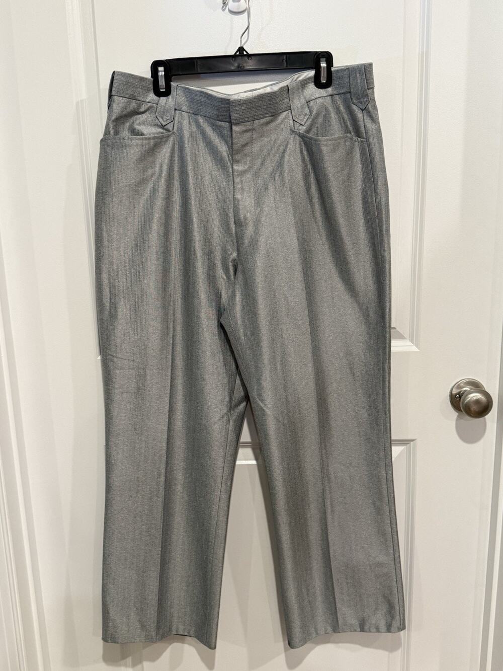 Vintage American Western Mens Size 38 Hemmed Dress Pants Silver Sheen Pearl Snap